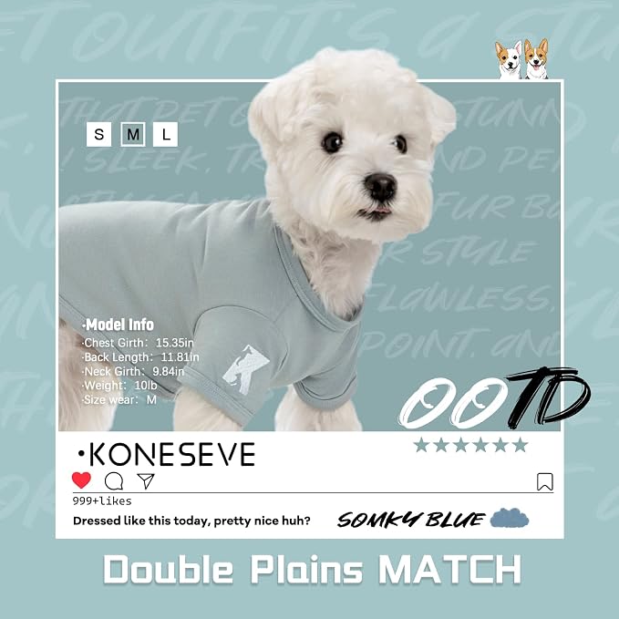 Koneseve Dog Shirts Breathable Cotton Stretchy - Sunny Red & Smoky Blue L | 2-Pack Soft Basic T-Shirt for Small Dogs & Cats, Solid Plain Outfit for All Seasons, Easy Pull-On, Daily Wear & Outdoor Walks