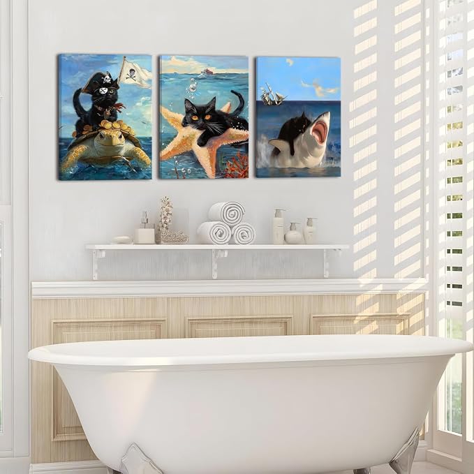 Framed Black Cat Wall Art Funny Cat Shark Turtle Starfish Canvas Wall Decor Ocean Abstract Black Cat Posters Pictures Print for Bedroom Living Room Bathroom 16x24 In