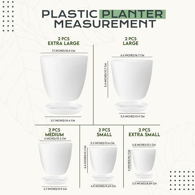 Plant Pots Indoor with Drainage, 10 Pack Multi-Size Planters Set, White | Drainage holes included Multiple sizes 7/6.6/6/5.3/4.8 In Indoor plants and flowers Durable plastic construction