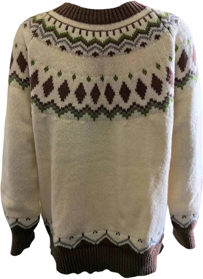 Zhyaj Fair Isle Sweater for Womens Winter Long Sleeve Vintage Knitted Sweater Casual Fall Crew Neck Pullover Sweaters