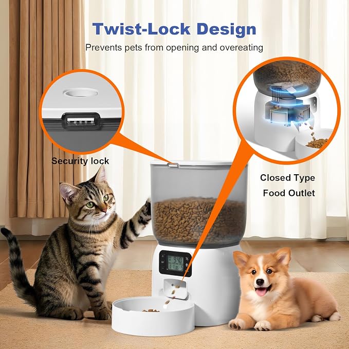Automatic Cat Feeder, 3L Cat Food Dispenser with 10s Voice Recorder, Pet Feeder up to 8 Meals per Day, Timed Dog Feeder (White-Basic)