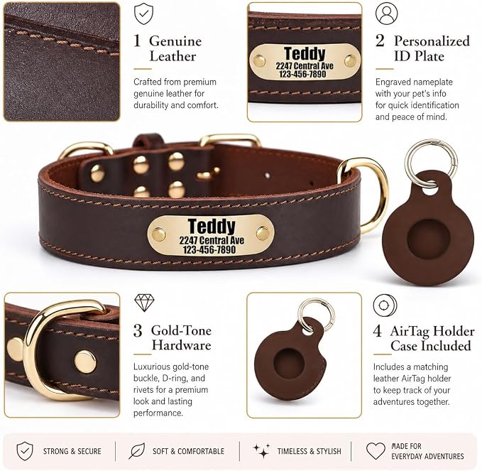 Personalized Genuine Leather Dog Collar with Name & Phone Number-Brown XL