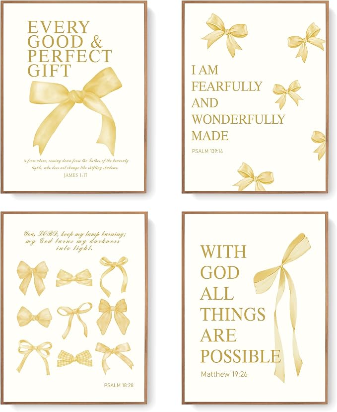 LARTSFRO Coquette Yellow Bow Wall Art Decor Posters, Butter Yellow Bow Room Bedroom Bathroom Dorm Wall Art Decor Aesthetic for College Teen Girls Gifts, Inspirational Bible Verses Bow Wall Decor, 12x16 Inch Set of 4 Pcs Bow Pictures (UNFRAMED)
