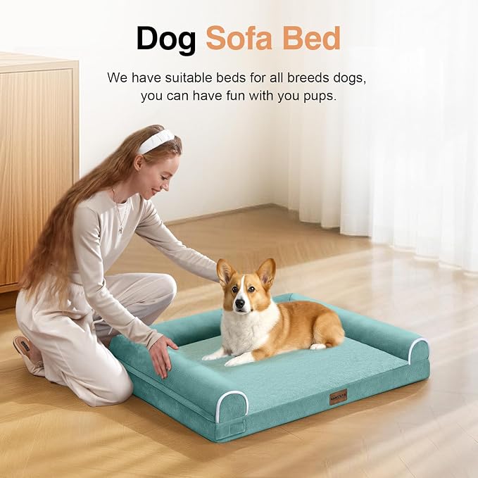 Orthopedic Dog Bed for Medium Dogs, 30 x 20 Inch, Aqua Blue | Egg crate foam for joint support, 3-sided bolster pet sofa, waterproof lining, washable cover, and non-skid base