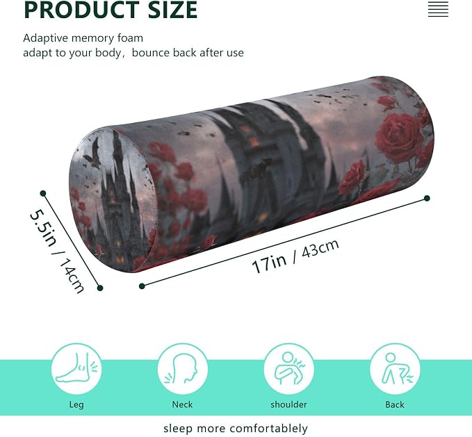 Fresh Rose Cat Castle Halloween Neck Roll Pillow Bolster Round Health Memory Foam Long Cervical Cylinder Pillows with Removable Washable Cover for Body Bed Legs Back Yoga