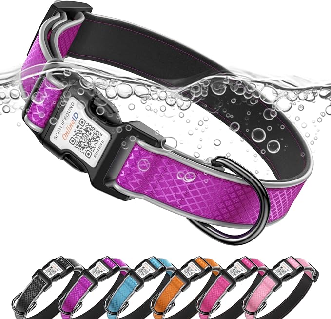 Reflective Dog Collar for Large Dogs,Personalized Dog Collar with Online Profile, Soft Neoprene Padded,Anti-Lose Function with QR Code Tag System (Purple, S (9.8"-15.7"))