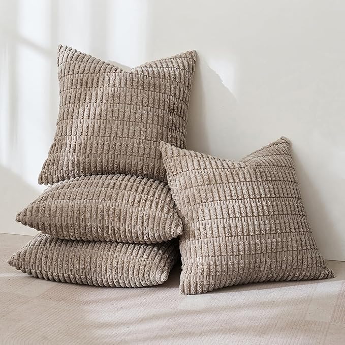 MIULEE Pack of 4 Corduroy Throw Pillow Covers 18x18 Inch Light Brown | Neutral Rustic Farmhouse Boho Soft Striped Pillow Covers,Home Decor for Sofa,Living Room,Couch,Bed