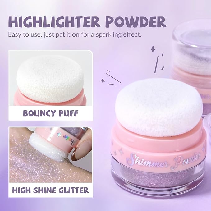 Chameleon Body Glitter Powder, Air Cushion Highlighter for Face, Hair, Multichrome Color Shifting Sparkling Body Shimmer Patting Powder Smooth Easy-Use Glow Makeup, 05 Hologhraphic Purple