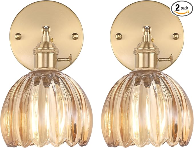 Shenmoyl Vintage Wall Sconces Set of 2 with Amber Tulip Glass Lampshade 180 Degree Adjustable Brass Sconces Hradwired Modern Wall Lighting Fixture with Switch for Bedside Bedroom Doorway