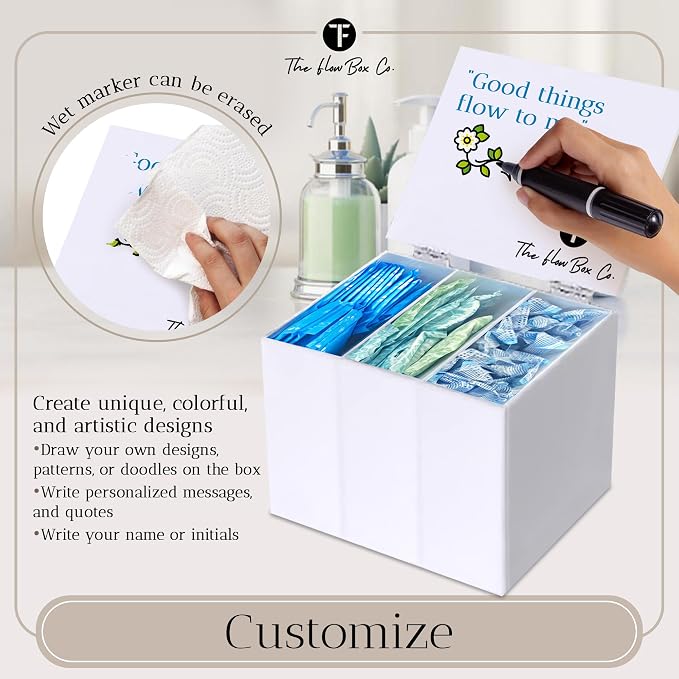 The Flow Box Tampon and Sanitary Pad Organizer - Bathroom Organizer with Removable Dividers, Tampon Storage Box, Discreet Feminine Care Storage, Feminine Care Organizer