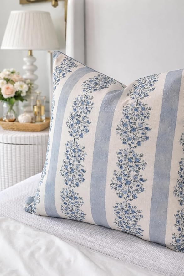 “The Juliet” Floral Block Print Pillow Cover – Soft Blue and Off-White Decorative Throw Pillow Cover – Grandmillennial Home Decor, 24" x 24"