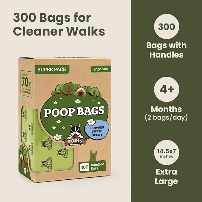 Pogi’s Dog Poop Bags with Handles – Extra-Thick, Leak-Proof, Large, Fresh Scent, 300-Count