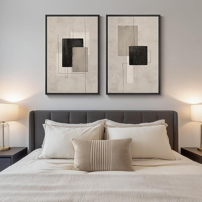 Large Framed Neutral Black Beige Abstract Wall Art for Living Room, 2 Piece Modern Canvas Prints Paintings Artwork for Walls, Minimalist Block Lines for Dining Room Bedroom Office Wall Decor 24x36 In