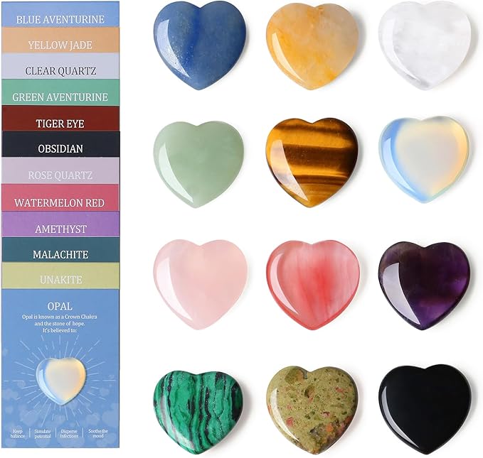 DUQGUHO 1 Inch Hearts Crystals and Healing Stones Reiki Gemstones Healing Crystals Mini Crystal Hearts Set Quartz Heart Shaped Crystals Polished Gems Spiritual Valentine's Day Gifts Bulk 12 PCS