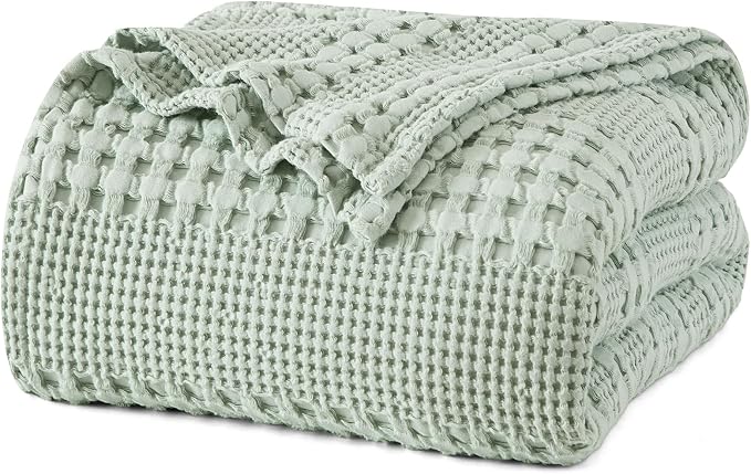 PHF 100% Cotton Waffle Blanket Twin Size, Lightweight Breathable Summer Blanket for Hot Sleepers, Pre-Washed Soft Layer for Bed, Dorm, Couch & Guest Room, Home Decor Gift, 66"x90", Mint Green