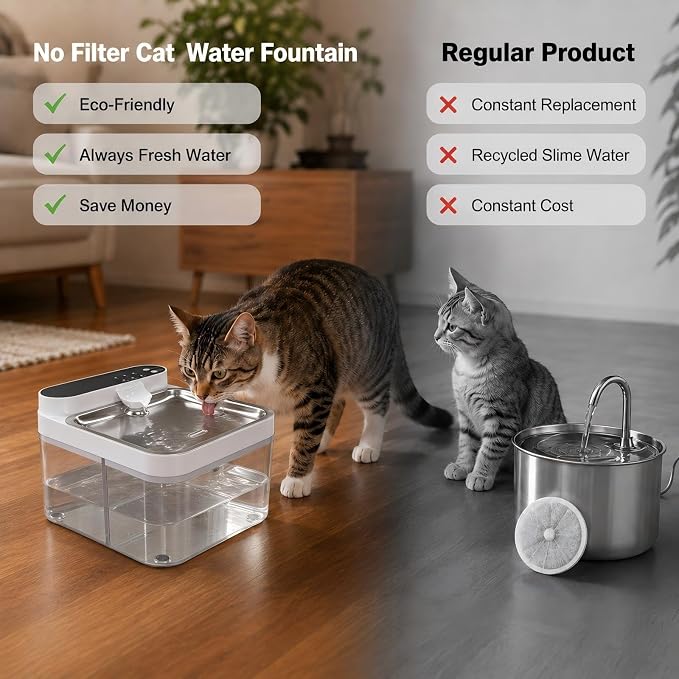 Cat Water Fountain No Filter, Wastewater Separation Cat Fountain Without Filters, Cordless &180-Days Runtime Pet Water Fountain