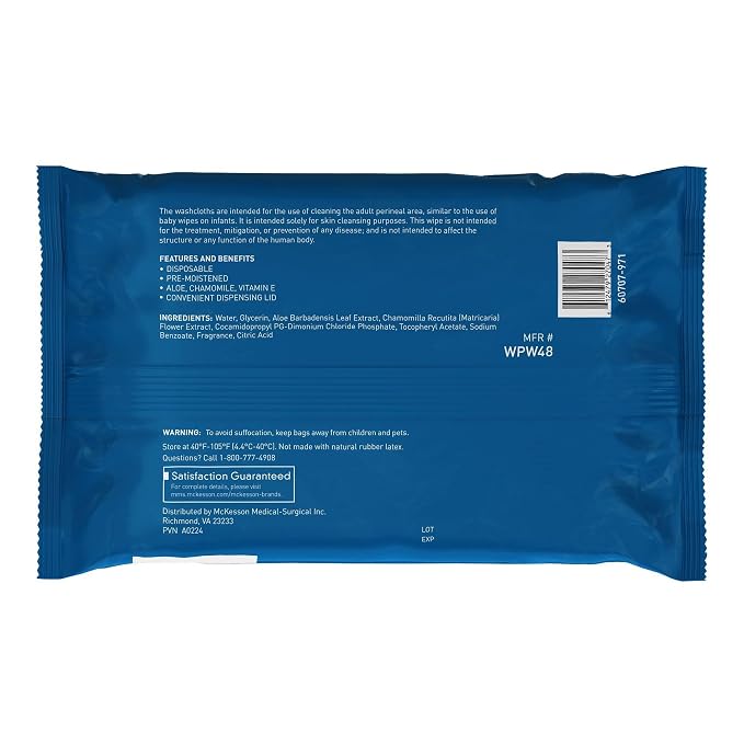 McKesson Washcloth Wipes, Scented - Disposable Wet Wipes for Adults - Alcohol-Free - No-Rinse Formula - Snap Lid Soft Pack, 48 Count, 1 Pack