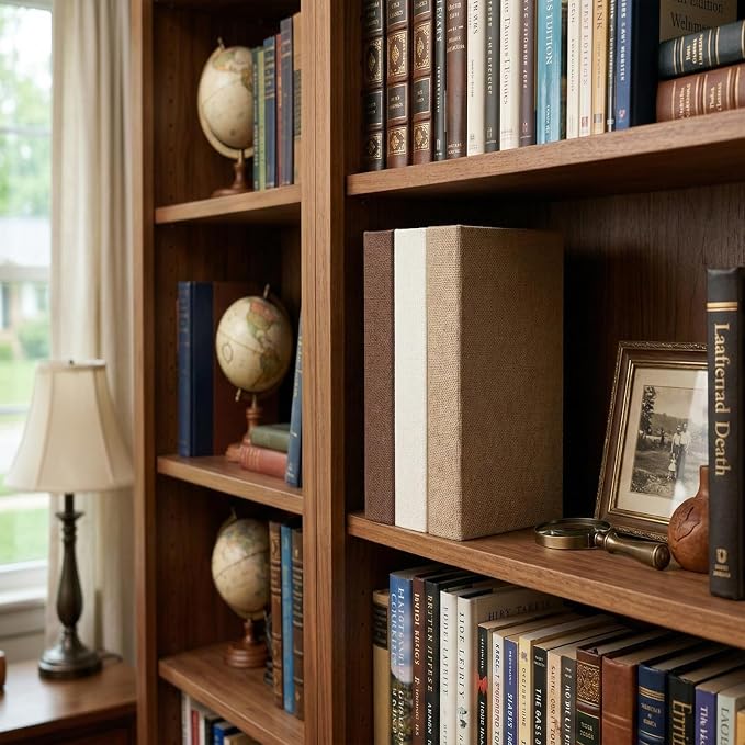 DECOR4SEASON Modern Linen and Wood Decorative Book Boxes, Set of 3 Earthy Neutral Faux Books for Bookshelf Decor, Coffee Table Storage Trays for Remotes & Jewelry, Brown, Taupe, and Off-White