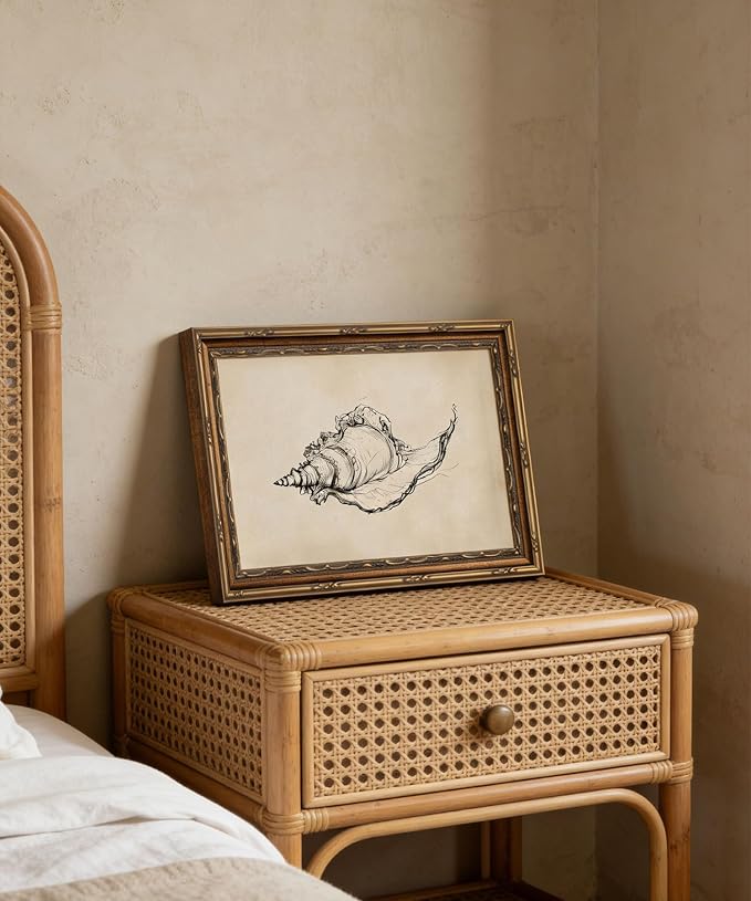 Gold Framed Wall Art Vintage Seashell Sketch Wall Art Summer Rustic Neutral Ocean Conch Wall Decor Coastal Beach House Poster Print for Living Room Bathroom Bedroom 9x11in