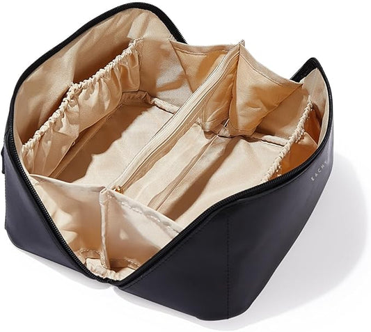 EACHY Travel Makeup Bag, Large Capacity Cosmetic Bag for Women, Waterproof PU Leather, Flat Open Portable Toiletry Bag for Skincare, Brushes & Travel Essentials