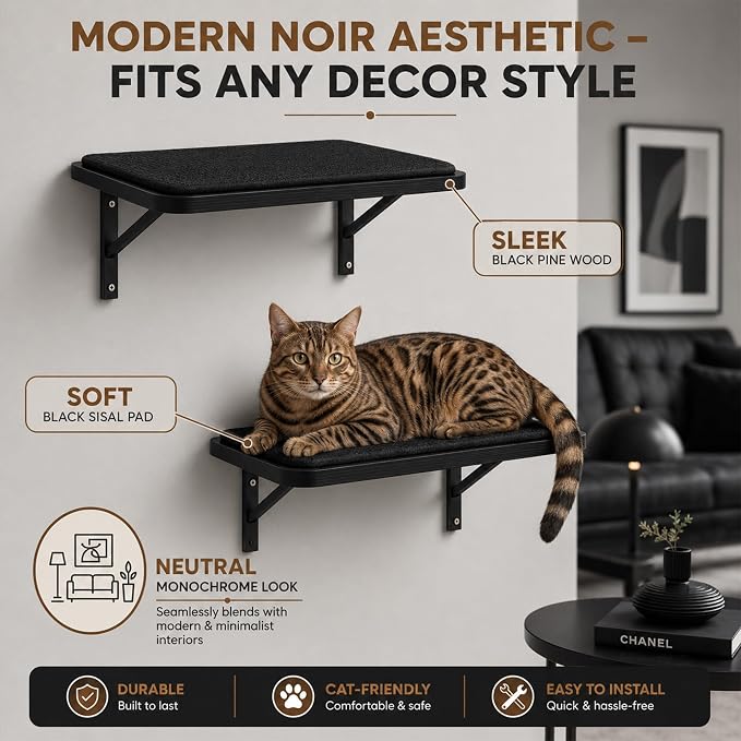 Cat Wall Shelves Set of 2, Black Solid Wood Window Perches with Sisal Mats | Removable Black Sisal Mats, Wall-Mounted Cat Furniture for Climbing, Scratching and Lounging, 16.6 x 9.7 Inch