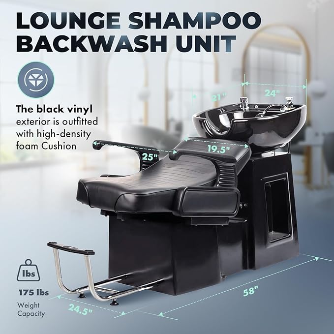 Buy-Rite Lounge Backwash Unit - Black Salon Shampoo Chair with Porcelain Sink, Adjustable Leg & Footrest, Ergonomic Headrest, Single Lever Faucet, Vacuum Breaker, TS-8012