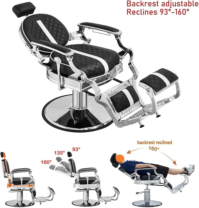 Kaleurrier Heavy Duty Barber Chair for Barbershop - Quilted Leather Hair Stylist Chair with Chrome Accents - Salon Furniture Equipment for Salon Station Home Massage Tattoo Black and White