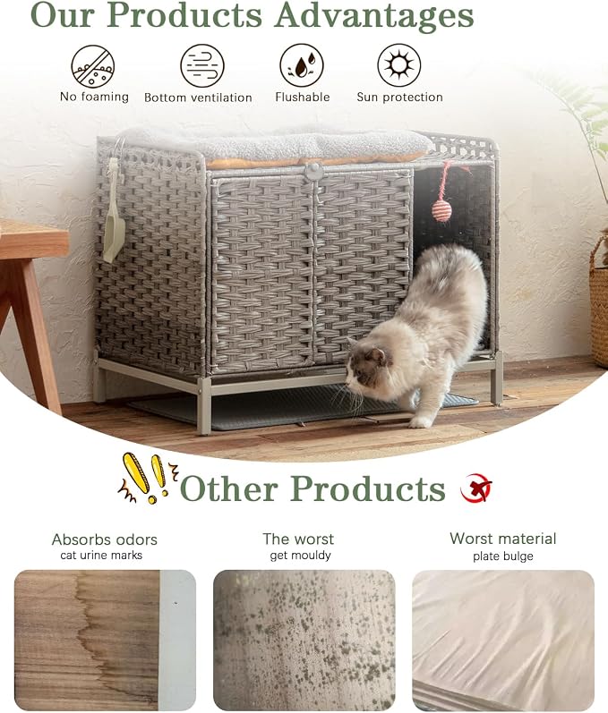 SETVSON Cat Litter Box Enclosure Furniture with Divider, Cat Cabinet,Gray | Handwoven PE Rattan with Soft Mat, 3.54-In Heightened Metal Feet, 2 S-Hooks, 31.2 x 19.6 x 24.2 Inches Spacious Cat Furniture