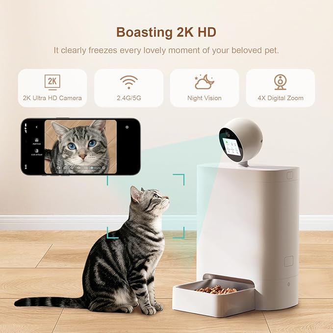 AI Smart Automatic Cat Feeder with 360° Camera, 2K HD Night Vision & 2-Way Audio, Smart APP Control, Up to 16 Meals/Day, 5.5L Timed Food Dispenser for Cats and Dogs