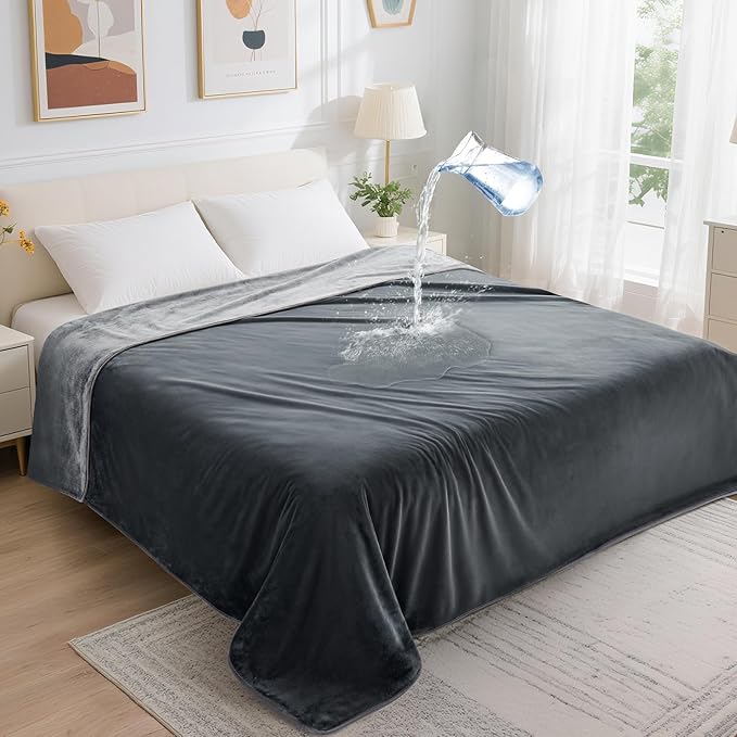 LOOBANI Waterproof Blanket for Bed, Soft Flannel Twin Bed Blanket 60" x 80" | Reversible Leakproof Dog Pet Blanket for Pet Accidents, Cozy Warm Throw for Couch Cover, Movie Time, Camping, Travel, Grey