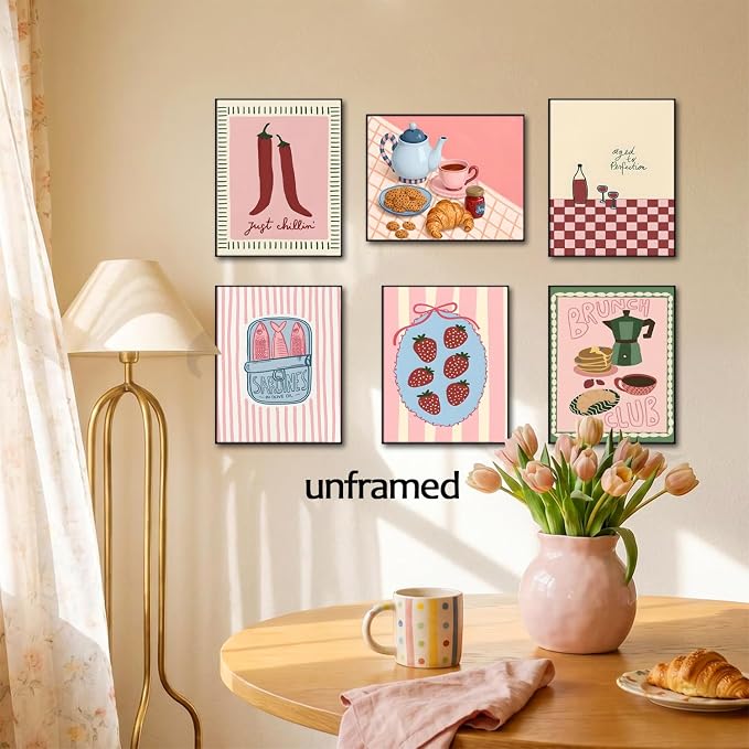 Mynotix Cute Kitchen Poster Set of 6, Trendy Food Drink Wall Art Painting Vintage Coffee Bar Canvas Wall Decor Prints Picture for Dining Room Bar Cart Kitchen 8x10 inch Unframed