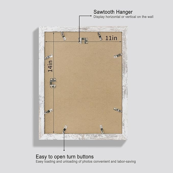 Hongkee 11x14 Picture Frame Set of 4, Made of Glass and Distressed White Wooden Frame, Display 8x10 Pictures with Mat or 11 x 14 Posters without Mat for Wall Mounting, Gallery Photo Frames