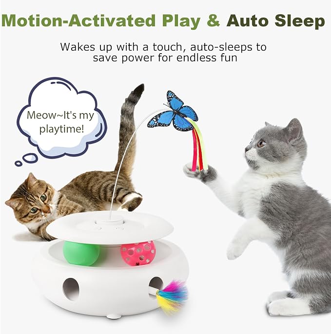 Cat Toys for Indoor Cats, 3-in-1 Interactive Cat Toy Automatic Kitten Toys with Fluttering Butterfly, Ambush Feather and Track Balls, Smart Sensor Wake-Up,USB Powered, Exercise & Boredom Relief