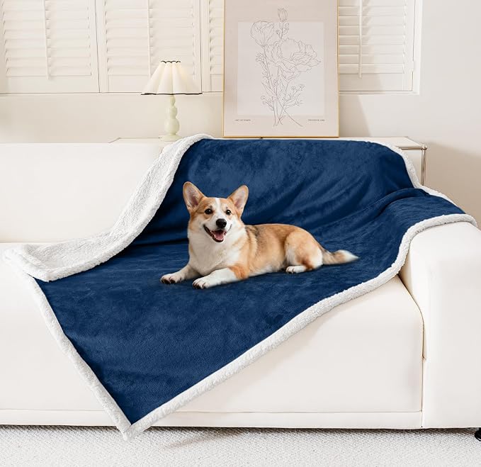 Smiry Waterproof Blanket Throw, Reversible Dog Blanket for Sofa Couch Bed | Soft Leakproof Sherpa Fleece, Washable Furniture Couch Protector for Large Dogs Cats, 40"x60", Navy/White