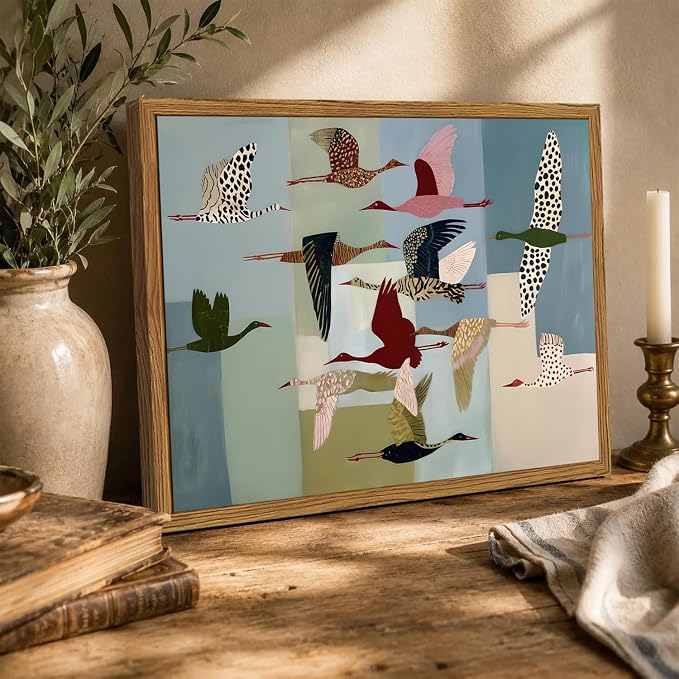 Framed Vintage Flying Bird Wall Art, Abstract Colorful Crane Pictures Wall Decor, Mid Century Modern Scandinavian Birds Paintings Canvas Prints Home Decor Aesthetic for Living Room Bedroom 16x24 inch
