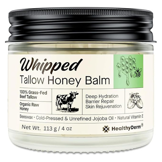 Beef Tallow Honey Balm for Skin: 100% Grass Fed Whipped Organic Moisturizer with Organic Raw Honey, Jojoba Oil, Vitamin E – Natural Face and Body Care for Mature, Dry or Sensitive Skin, 4oz