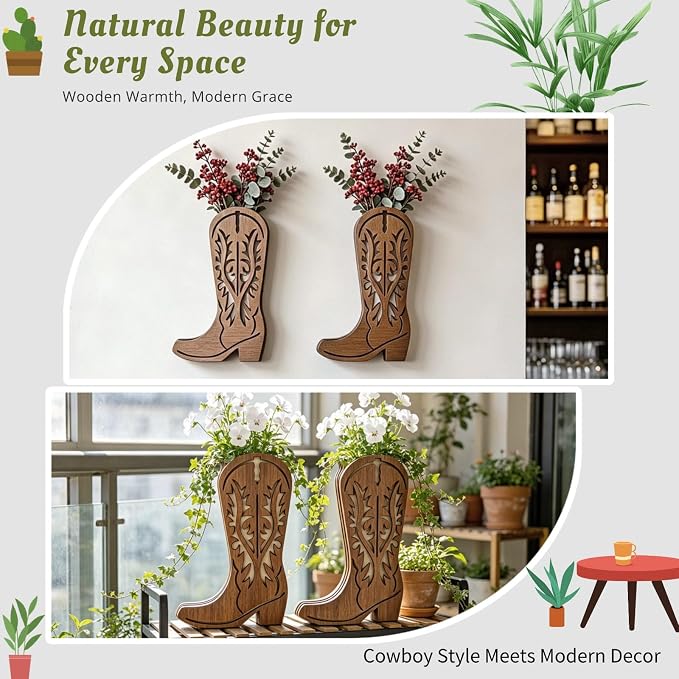 2 Pcs Wood Cowboy Boot Wall Vase - Western Rustic Home Décor | Sturdy wood planter for faux flowers. Suited for bedroom, kitchen, living room. Easy hang. Works farmhouse, country, cabin