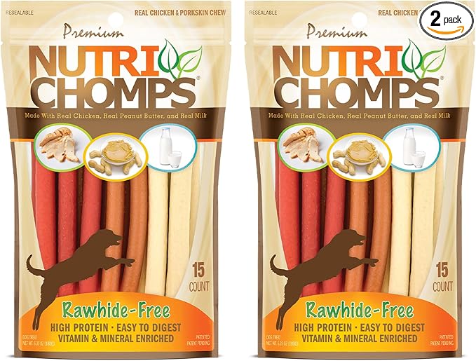 Nutri Chomps Rawhide Free Dog Chews, Chicken/PB/Milk, 5in Twists, 15ct, 2pk | Long-lasting chew. High protein, low fat, healthy & delicious treat for dogs.