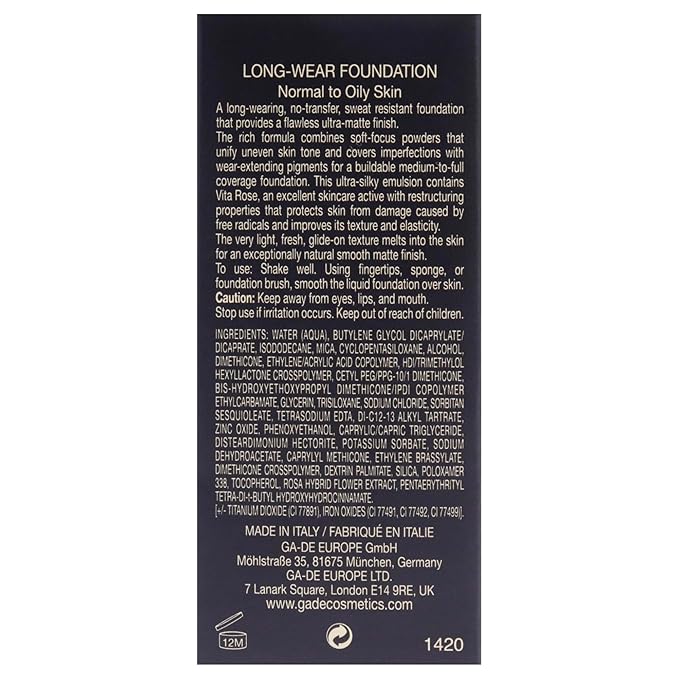 GA-DE Ultramate Long-Wear Foundation, 154 - Sweat-Resistant and No-Transfer Cream Foundation - Face Makeup for Flawless Ultra-Matte Finish - 1 oz