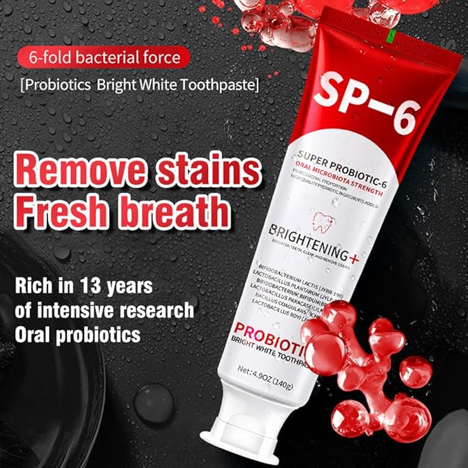 SP-6 Probiotic Whitening Toothpaste – Advanced Formula with 6 Probiotics for Teeth Whitening & Gum Health, Fluoride-Free, Enamel-Safe, Fresh Mint Flavor, 4.9oz (2 Pack)