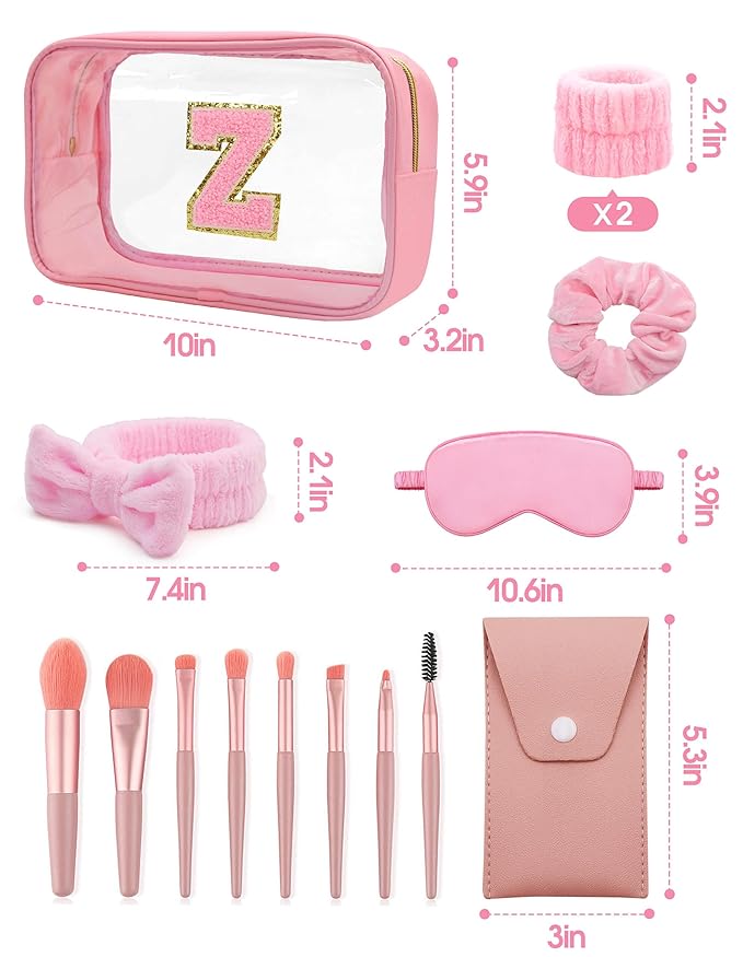 Gift Sets for Women, Initial Makeup Bag with Makeup Brush Set Bachelorette Party Favors, Pink Spa Kit with Skincare Headbands Wrist Bands Sleepover Party Supplies Gifts for Teen Girls Bridesmaid Z