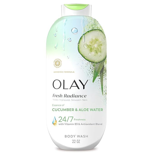 Olay Body Wash for Women, Fresh Radiance, 24/7 Skin-Loving Freshness, Visibly Radiant, Plant Based Cleansers, Vitamin B3 & Antioxidant Blend, For All Skin Types, Cucumber & Aloe Water Scent, 22 fl oz