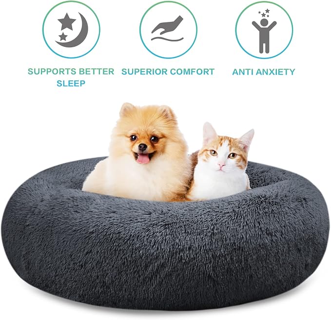 SAVFOX 20 inches Calming Donut Dog Bed - 3X Durable Plush Faux Fur, Machine Washable & Non-Slip, Fits up to 15 lbs, Dark Grey