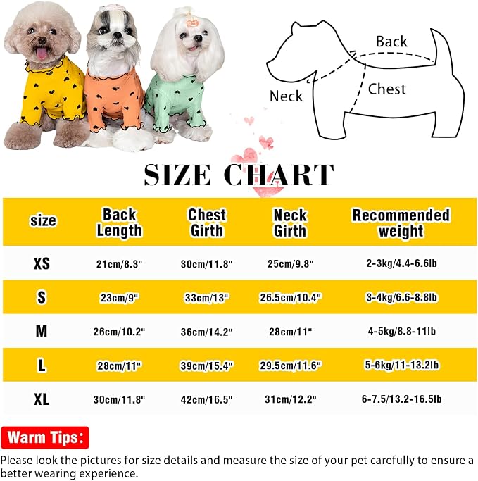 Pet Clothes for Small Dogs Cat Summer Fall Heart Print Shirt Stretchable Ruffle Long Sleeve Outfits for Chihuahua Schnauzer Shih Tzu Yorkie (Yellow, X-Small)