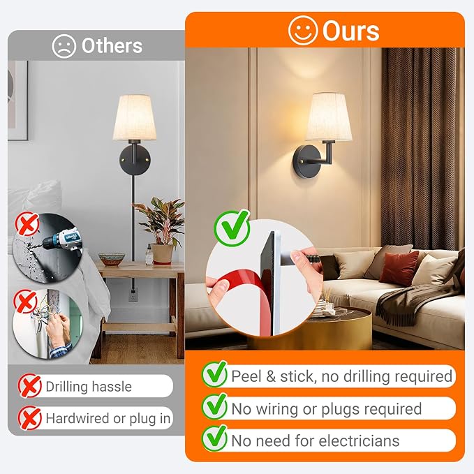 YHCDLAMP Peel and Stick Wall Sconces, No Drilling Stick On Wall Sconce, Wireless Battery Operated Wall Lights, Adhesive Wall Lamp with 10000mAh Battery Bulb for Bedroom Living Room Decor