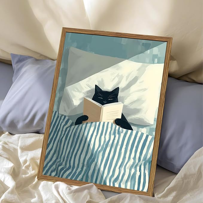 Framed Funny Black Cat Wall Art, Whimsical Cat in Stripe Bed Reading Wall Decor Painting Cute Animal Book Lover Poster Canvas Print for Bedroom Living Room 12x16 inch Wood Framed