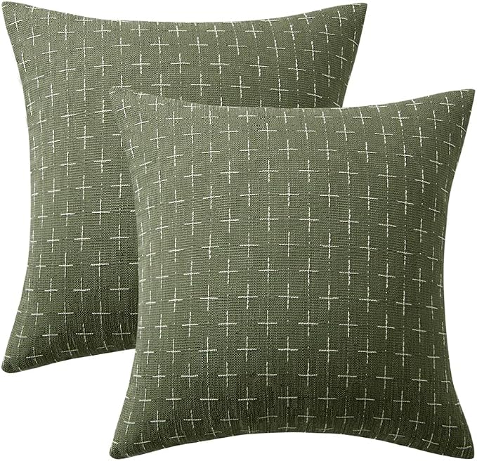 MIULEE Pack of 2 Decorative Vintage Burlap Linen Spring Throw Pillow Covers Modern Farmhouse Pillowcase Rustic Woven Textured Cushion Cover for Sofa Couch Bed 18x18 Inch Olive Green