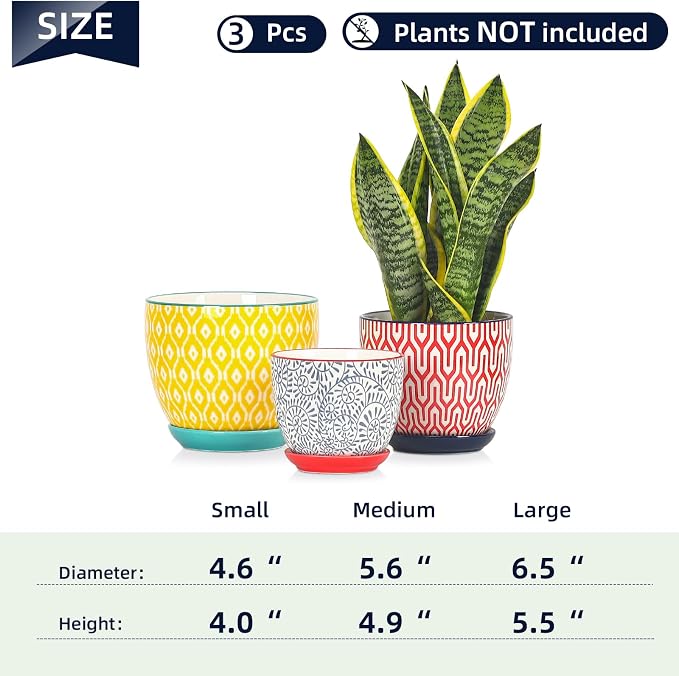 Selamica Ceramic Plant Pots, 4.6+5.6+6.5 Inch Planters with Drainage Holes & Saucer, Flower Pots for Indoor Plants, Home Decor, Set of 3, Assorted Colors