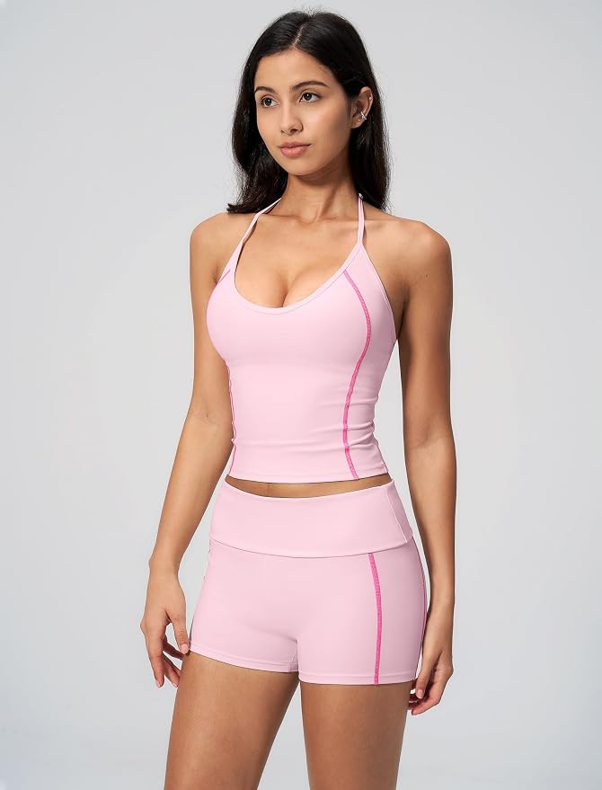 QBGJTD Women 2 Piece Workout Set Color Block Open Back Halter Top and High Waist Booty Lifting Shorts Yoga Outfit