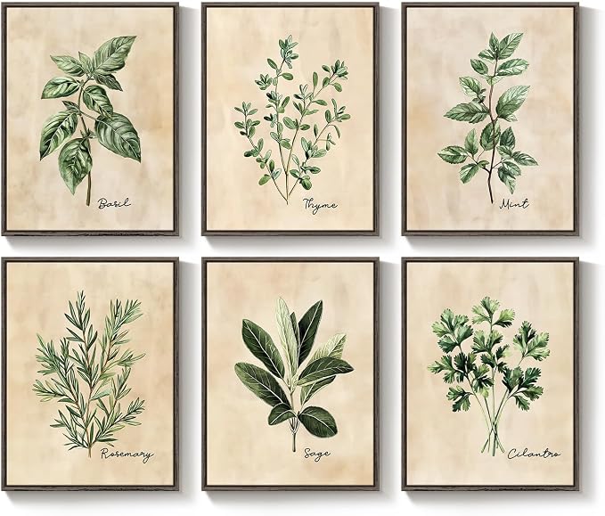 Framed Rustic Botanical Wall Art Set for Living Room, Sage Green Herb Canvas Prints Artwork for Walls, Modern Farmhouse Plant Leaf Pictures Wall Decor for Bedroom Dining Room Hallway, 12x16 Inch
